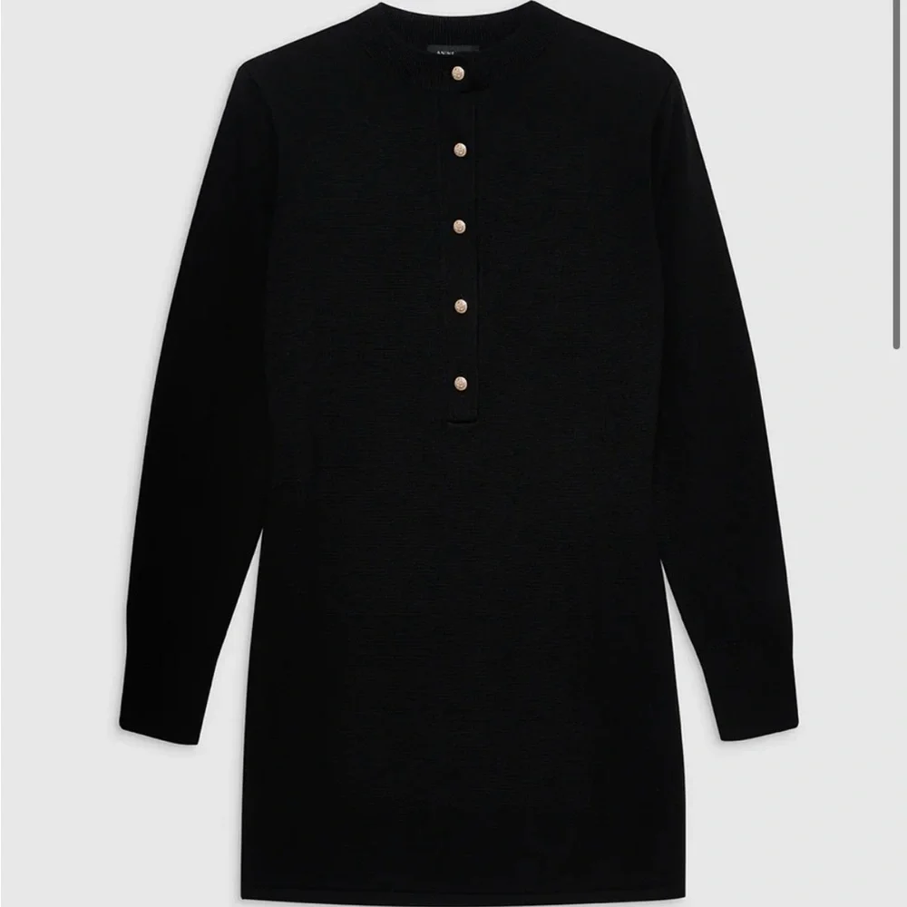 NWT Anine Bing Freja Dress S Wool Cashmere Black Gold Button Sweater Knit Henley - Picture 2 of 11